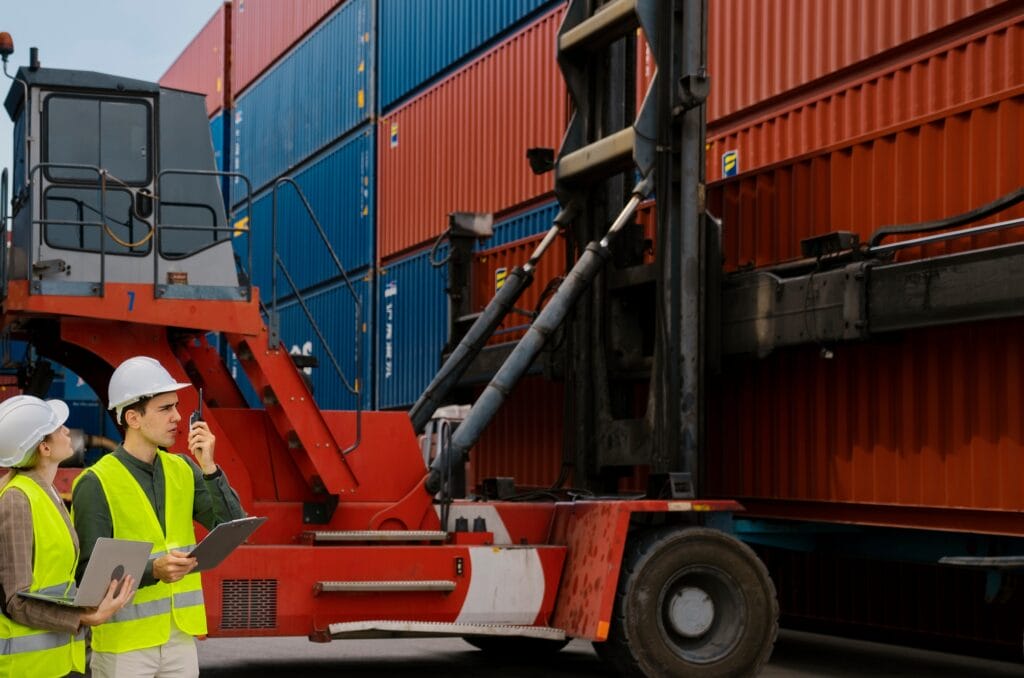 Container operator explaining operations to the data department. Import, Export, Logistic, Transport