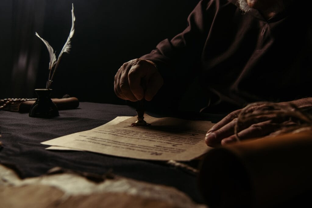 cropped view of senior monk stamping wax seal on chronicle near inkpot on black background