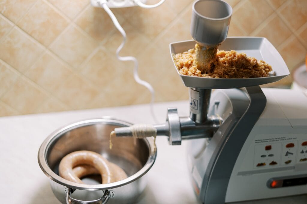 Electric meat grinder with an intestine wound on a nozzle and minced meat in the tray is on the