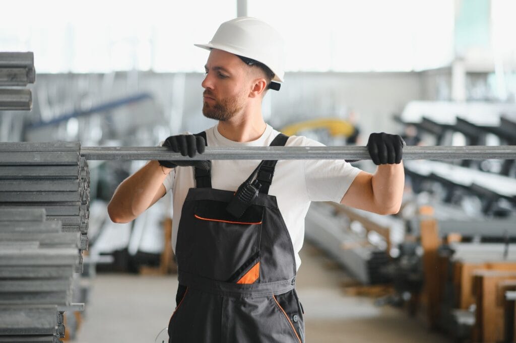 Factory worker measures the metal profile