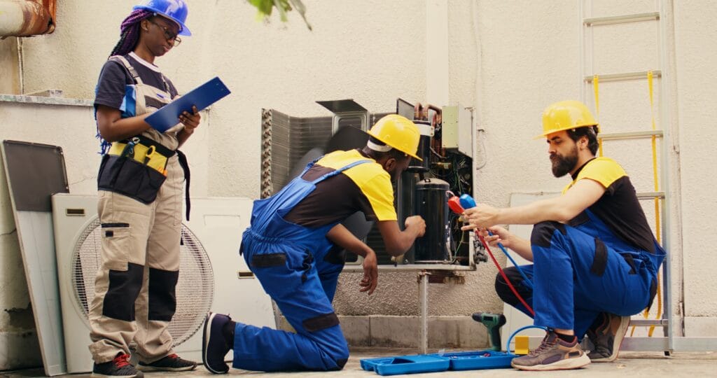 Mechanics cleaning condenser compressor