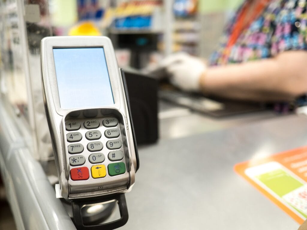 Payment terminal at a cash register in a shopping center
