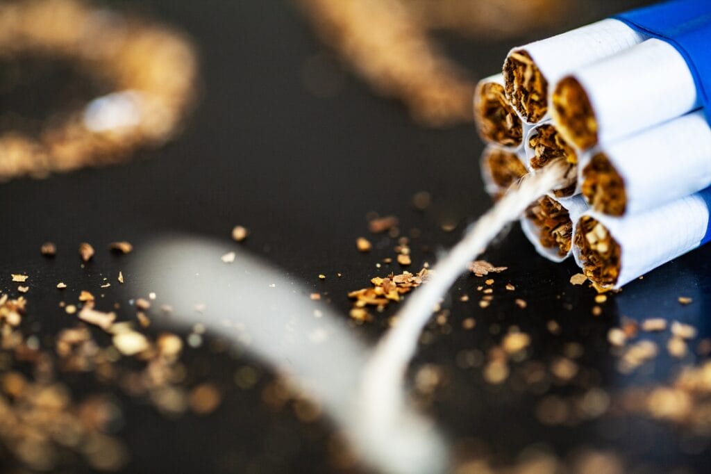 Stop smoking concept on background with broken cigarettes. Heap of cigarettes. No smoking
